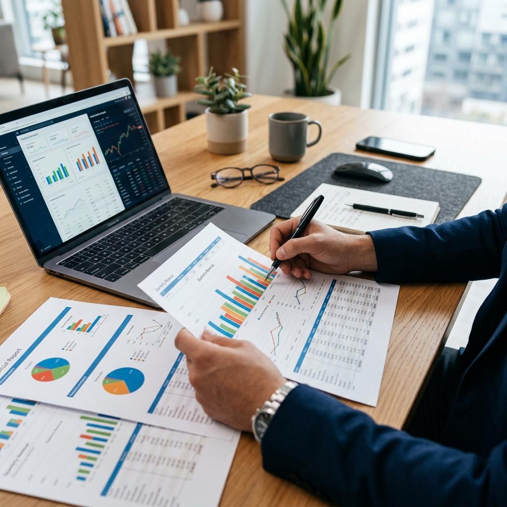 Financial consultant reviewing charts and documents at a modern office