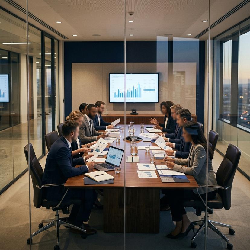 Corporate boardroom meeting for restructuring strategy