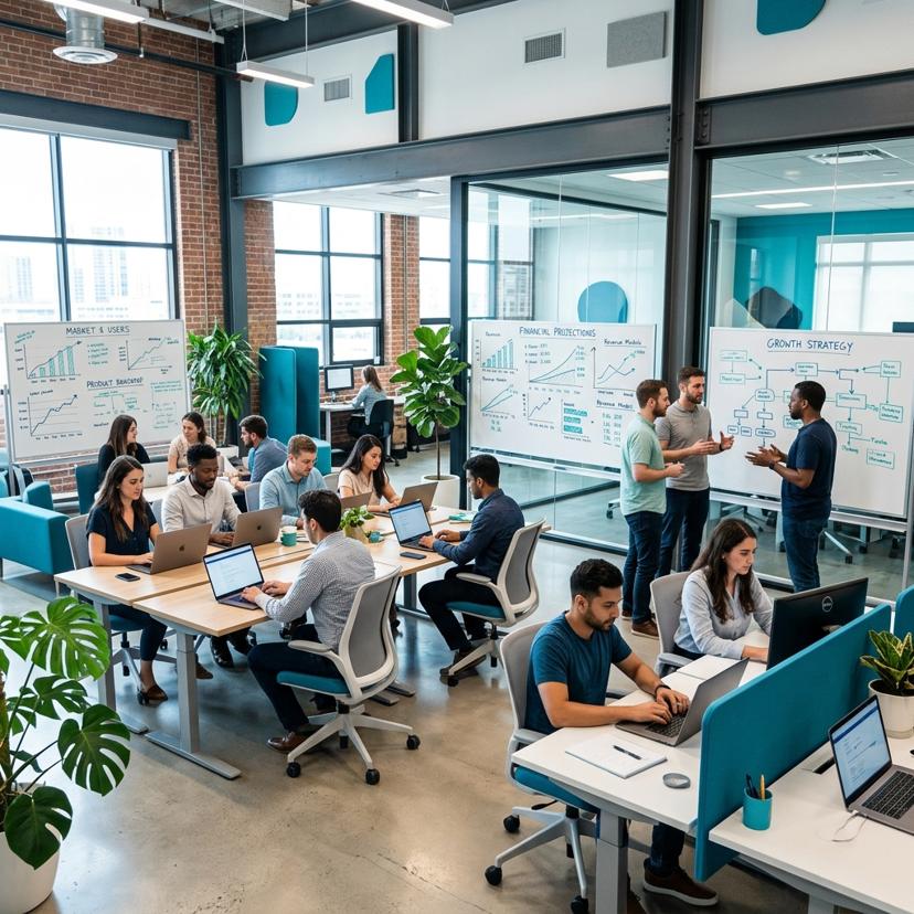 Modern startup office with entrepreneurs collaborating